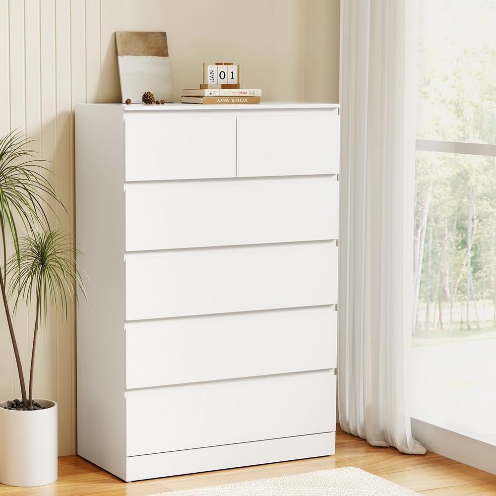 Modern White 6-Drawer Double Wooden Storage Dresser with Smooth Steel Rails for Living Room Bedroom
