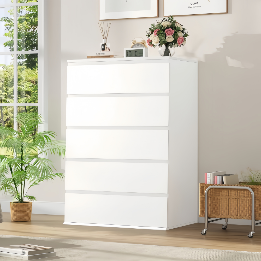 Modern 5-Drawer White Dresser Large Storage 23.6L X 17.6W X 39.1H Inch Tall Storage Chest Drawers Organiser Cabinet for Home