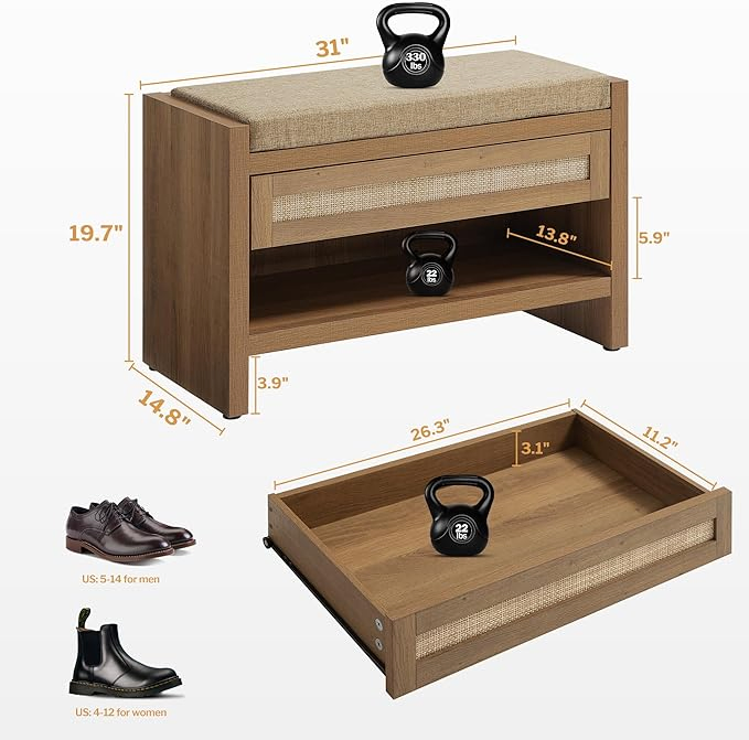 Rattan Shoe Bench Entryway Bench with Storage Drawer and Linen Seat Cushion
