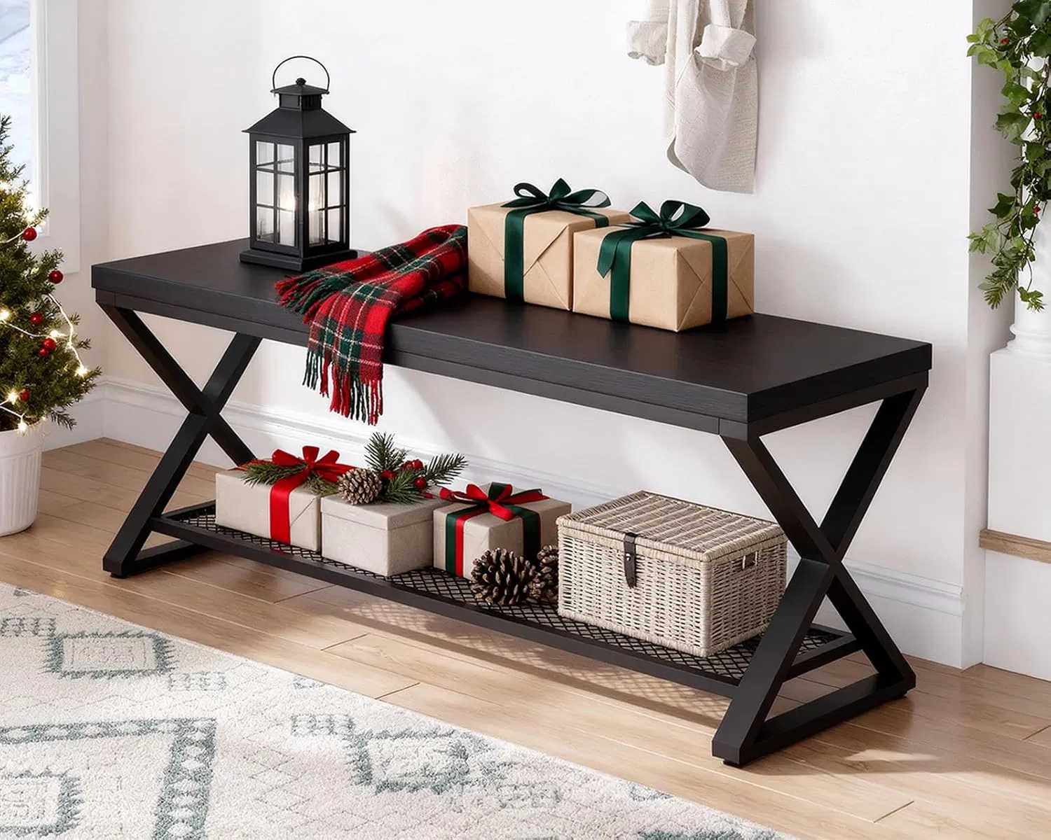 High-Capacity Multi-Functional Bench with Under Storage Shelf Sturdy Metal Frame for Home Entryway Living Room