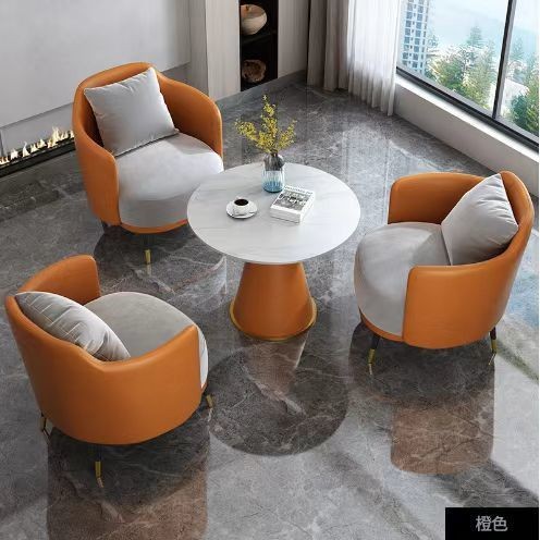 Modern Upholstered Accent Chair Set With Round Marble Side Table, 3-Piece Lounge Chair With Pillow For Living Room &amp; Hotel