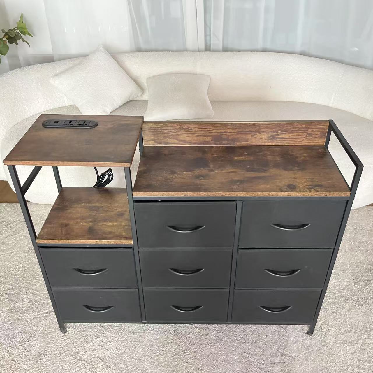 Industrial Brown Metal Frame Fabric Dresser with 8 Drawers and Wooden Top Storage Cabinet for Home Bedroom and Living Room