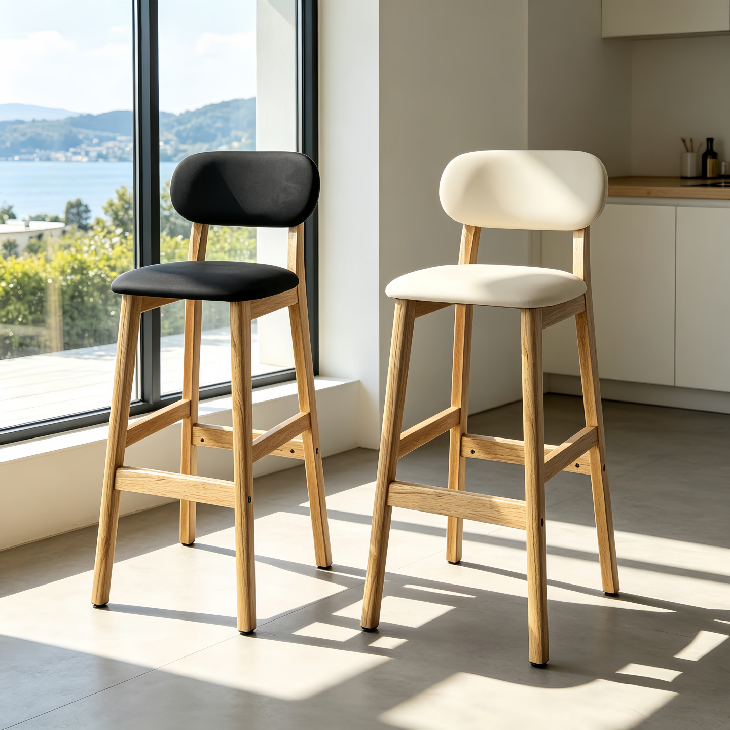 Modern Minimalist Solid Wood Bar Stools With Padded Backrest, Durable For Commercial Restaurant Use