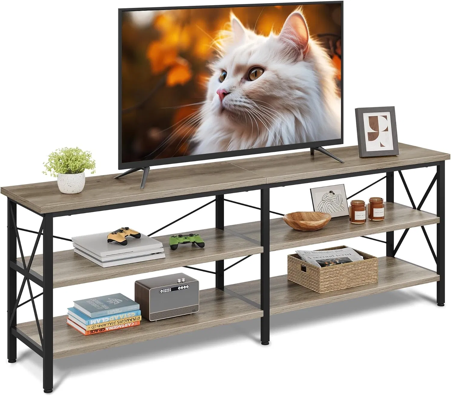 TV Media Console with 3-Tier Storage Shelves for Living Room and Bedroom