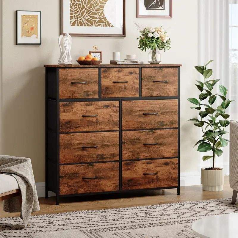 Rustic Home Storage Furniture Steel Wood Dresser Cabinet 9 Fabric Drawers Bedroom Living Room Toys Storage Cabinet