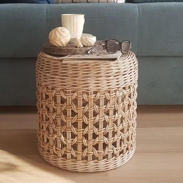 Handwoven Rattan Storage Stool Rectangular Ottoman Footrest with Lid Artisanal Wood &amp; Bamboo Storage Bench
