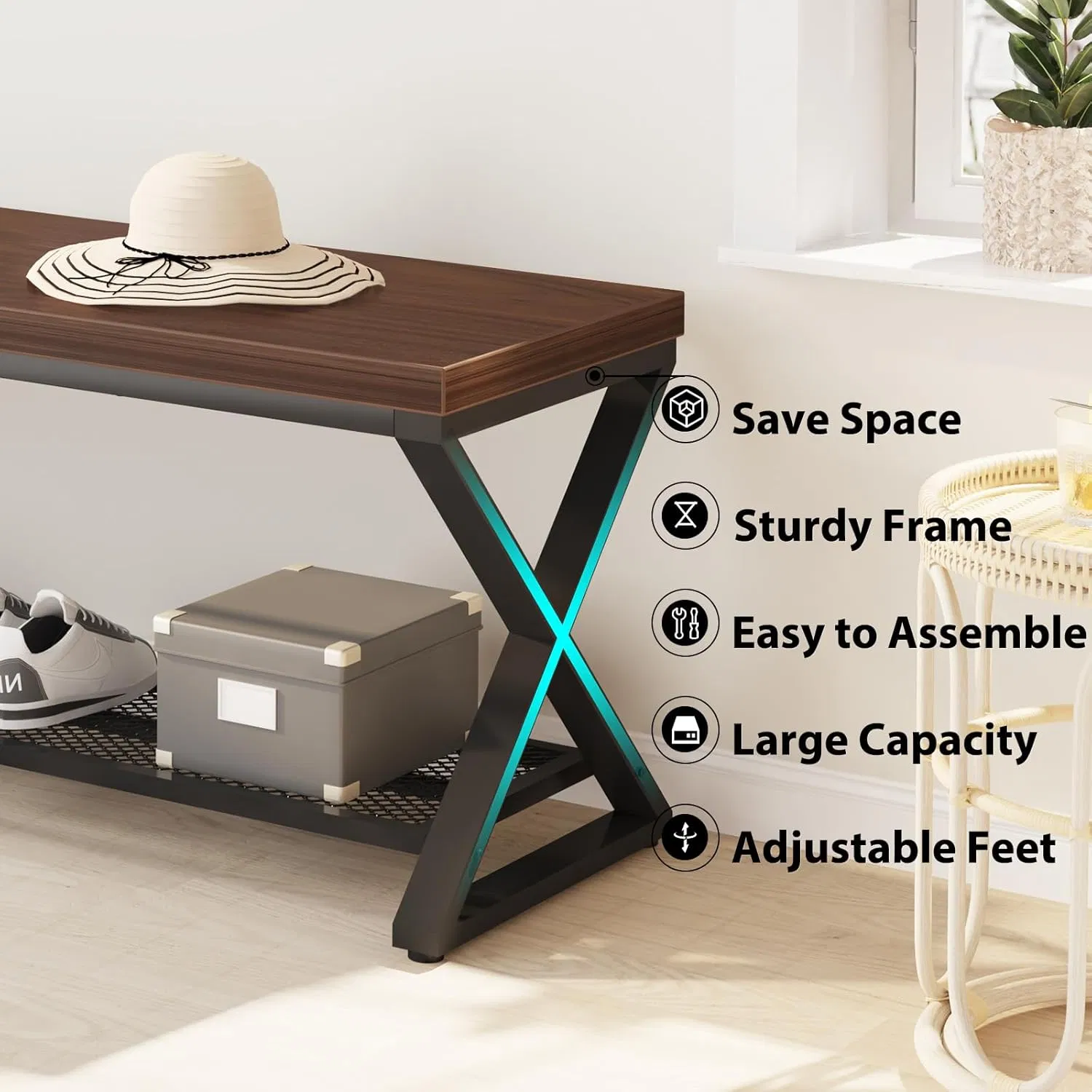 High-Capacity Multi-Functional Bench with Under Storage Shelf Sturdy Metal Frame for Home Entryway Living Room