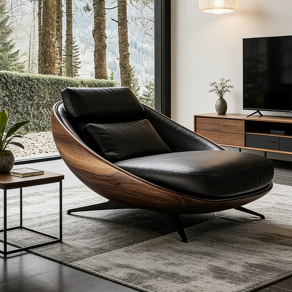 Modern Luxury Fiberglass Walnut Wood Color Lounge Chair Ergonomic Recliner Accent Sofa Armchair for Living Room Home Furniture