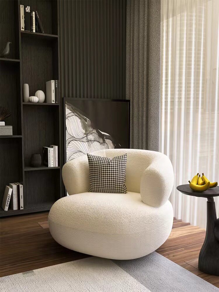 Cozy Minimalist U Shaped Armchair Sherpa Lambswool Upholstery White Casual Bedroom Reading Chair