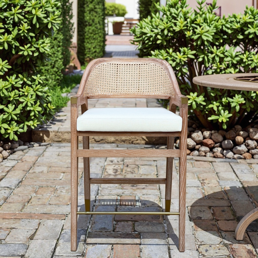 HLM105 Light Wood Rattan High-Back Solid Wood Bar Stool With Linen Cushion - High Leisure Chair For Restaurant &amp; Bar
