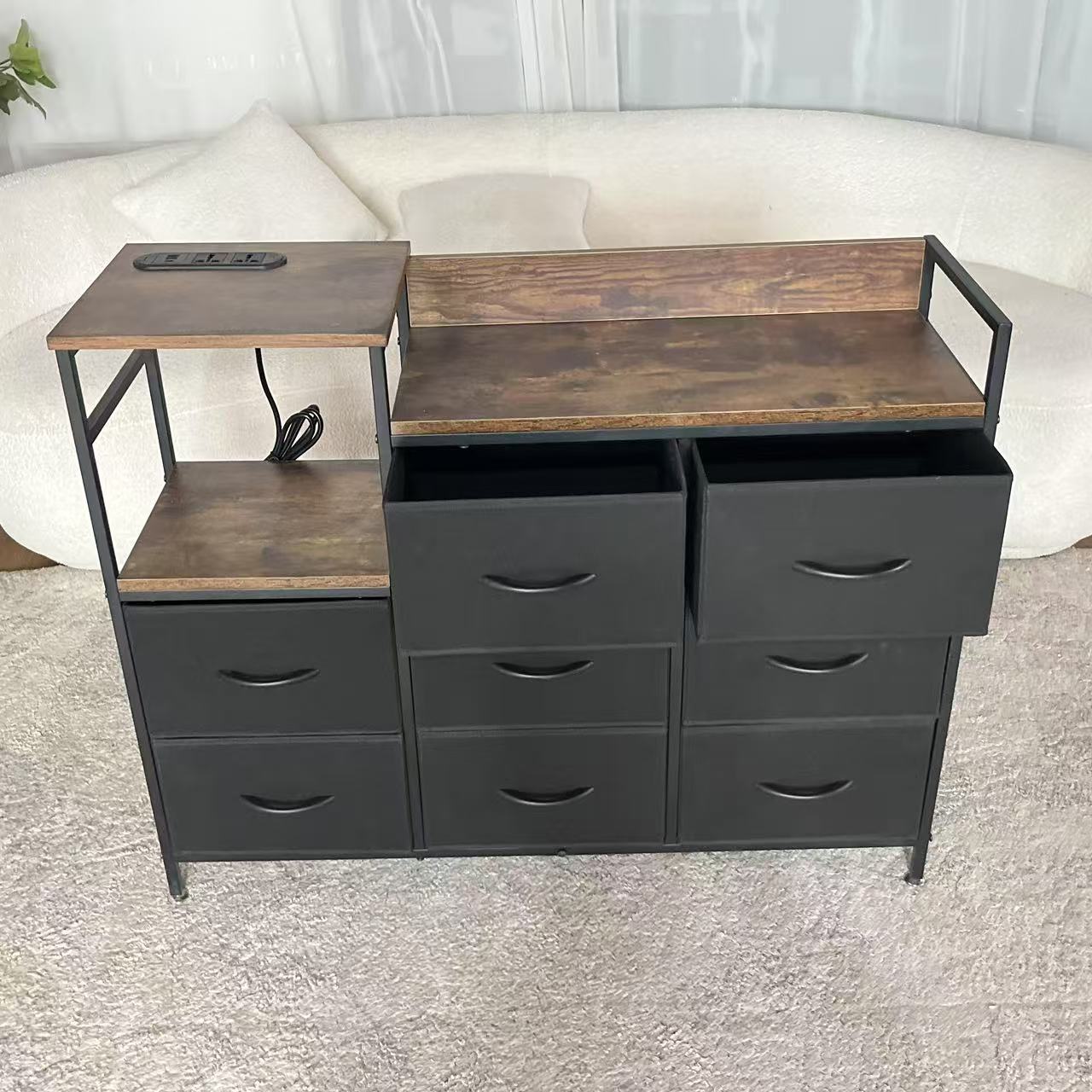 Industrial Brown Metal Frame Fabric Dresser with 8 Drawers and Wooden Top Storage Cabinet for Home Bedroom and Living Room