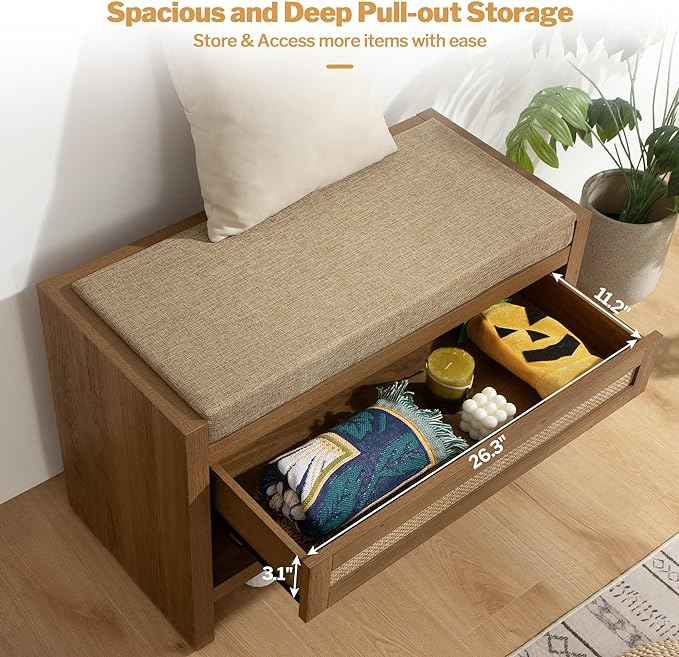 Rattan Shoe Bench Entryway Bench with Storage Drawer and Linen Seat Cushion