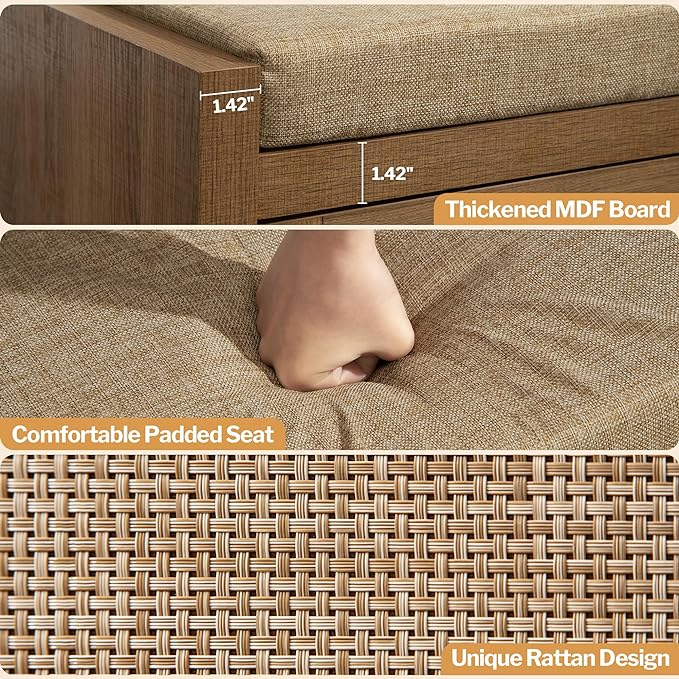 Rattan Shoe Bench Entryway Bench with Storage Drawer and Linen Seat Cushion