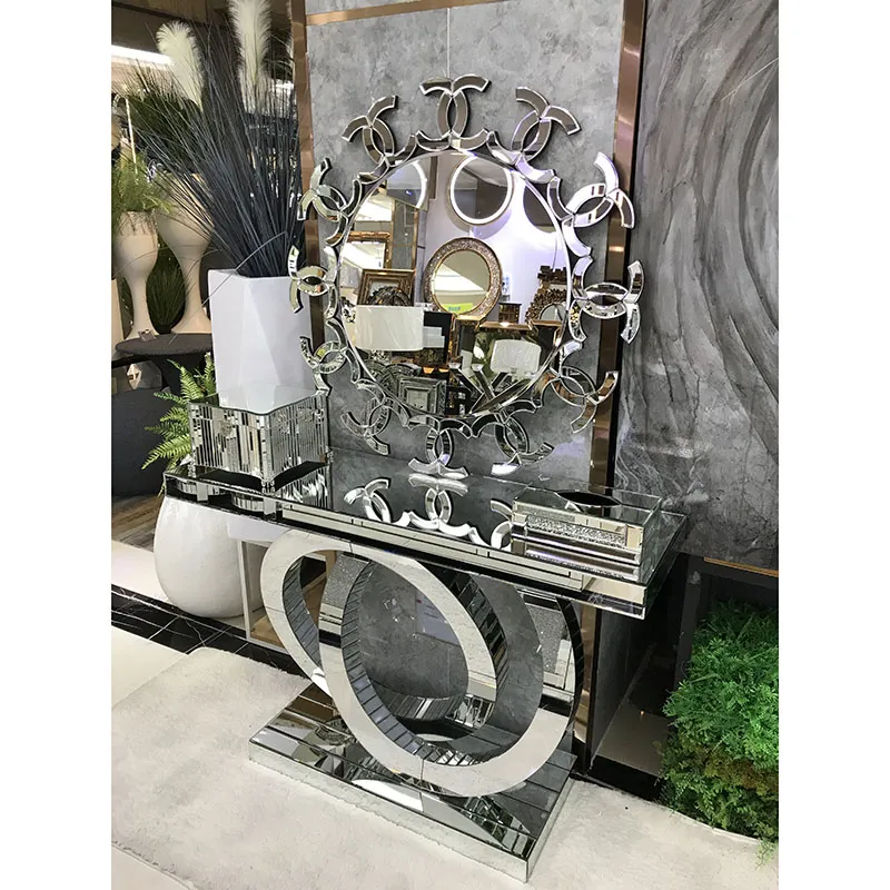 Modern Hotel Hallway/Living Room Furniture Silver Steel Glass Console Table with Mirror