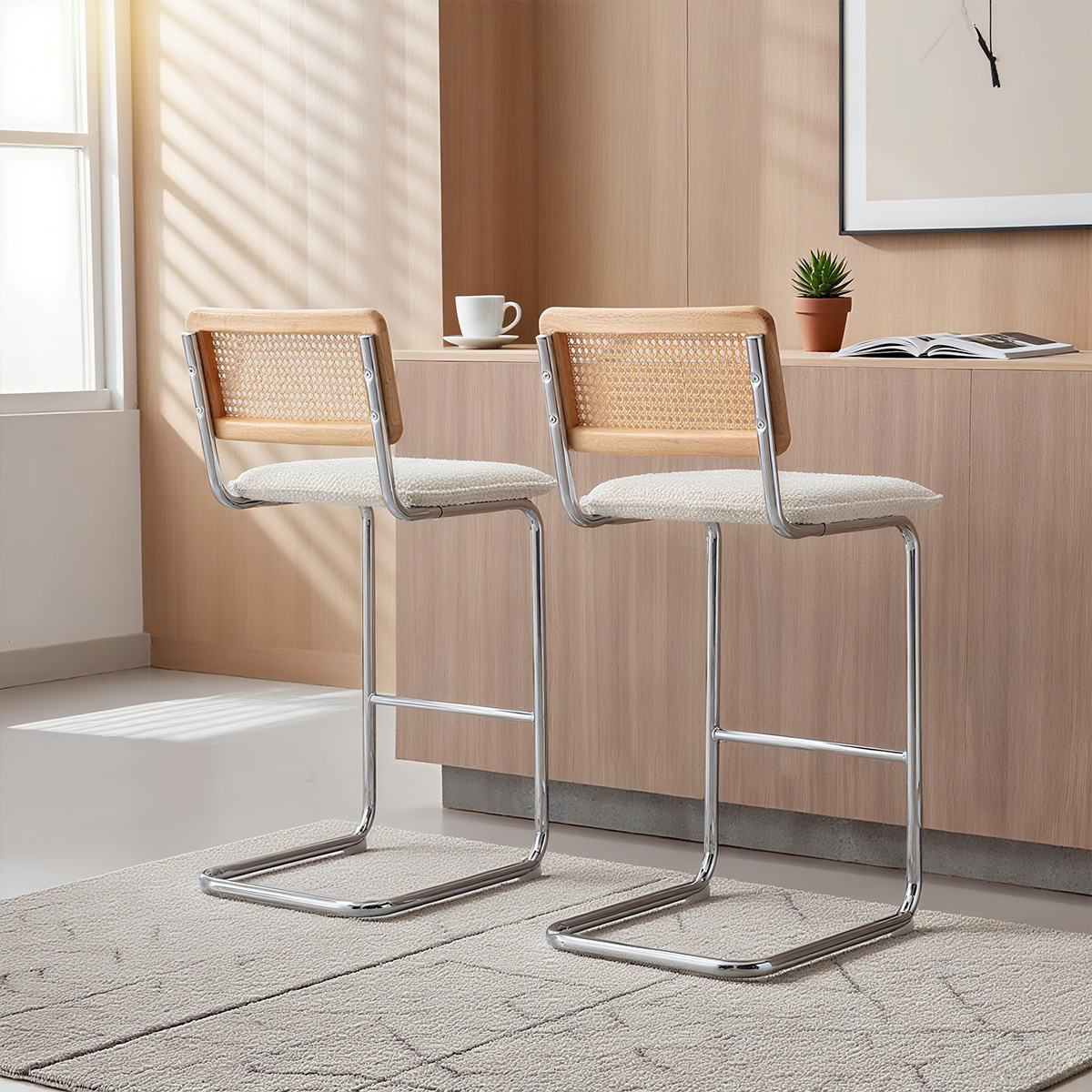 Mid-Century Modern Counter Height Chair Rattan Back Boucle Bar Stool With Chrome Cantilever Base