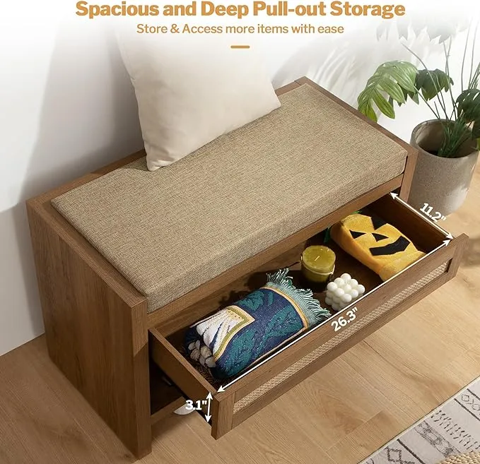 Rattan Shoe Bench Entryway Bench with Storage Drawer and Linen Seat Cushion