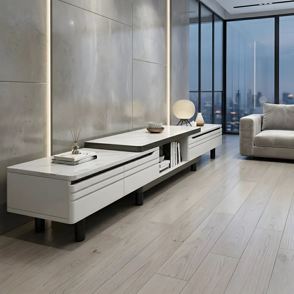 White Media TV Console for Living Room with Open Shelf Display Storage