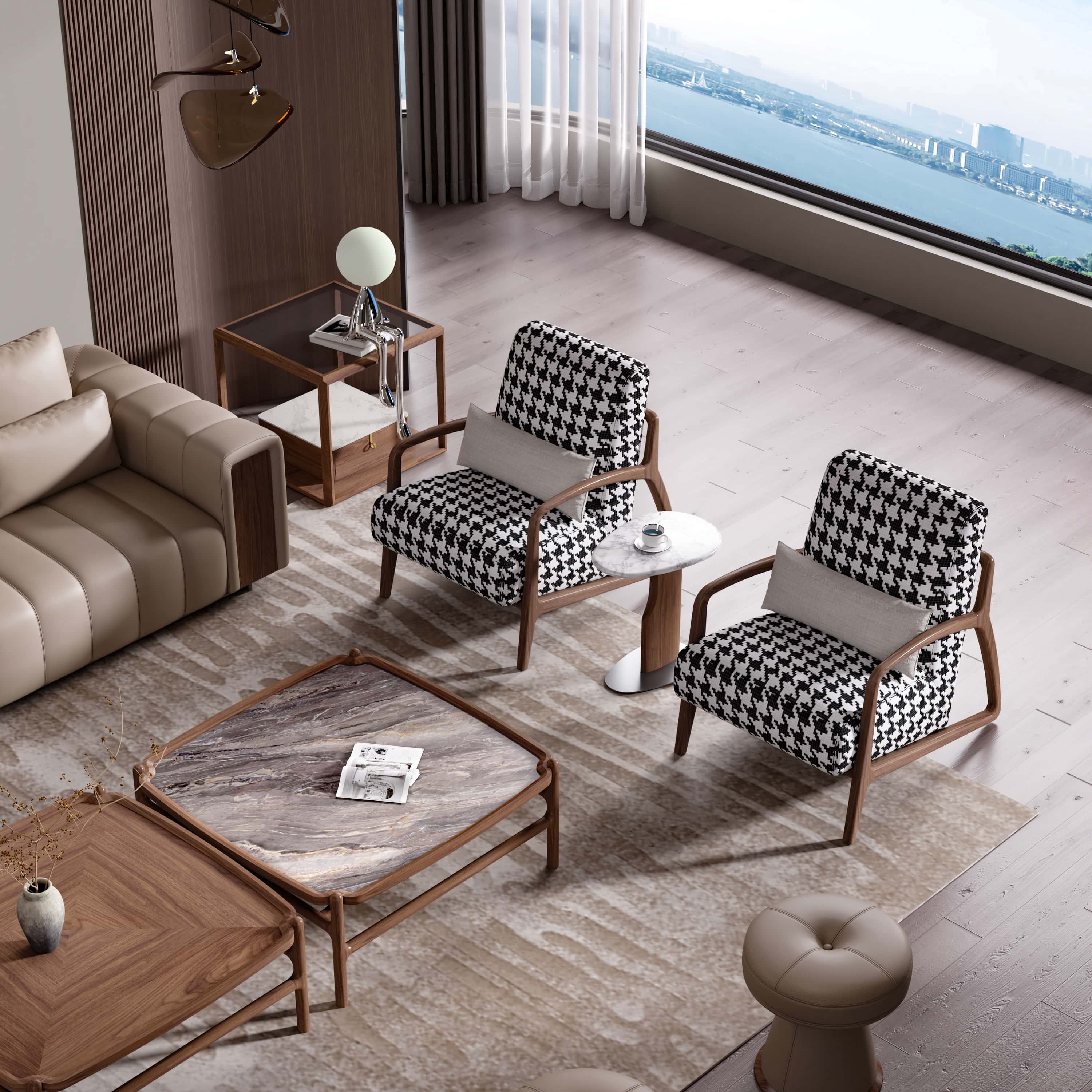 Mid-Century Modern Retro Accent Chair Solid Wood Lounge Chair with Soft Cushion for Living Room &amp; Hotel