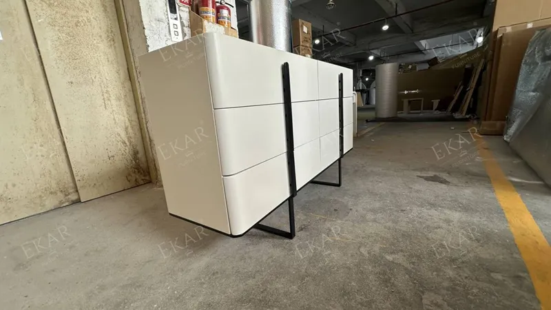 Modern Solid Wood Media Console with Metal Legs and Shelves Detail 7