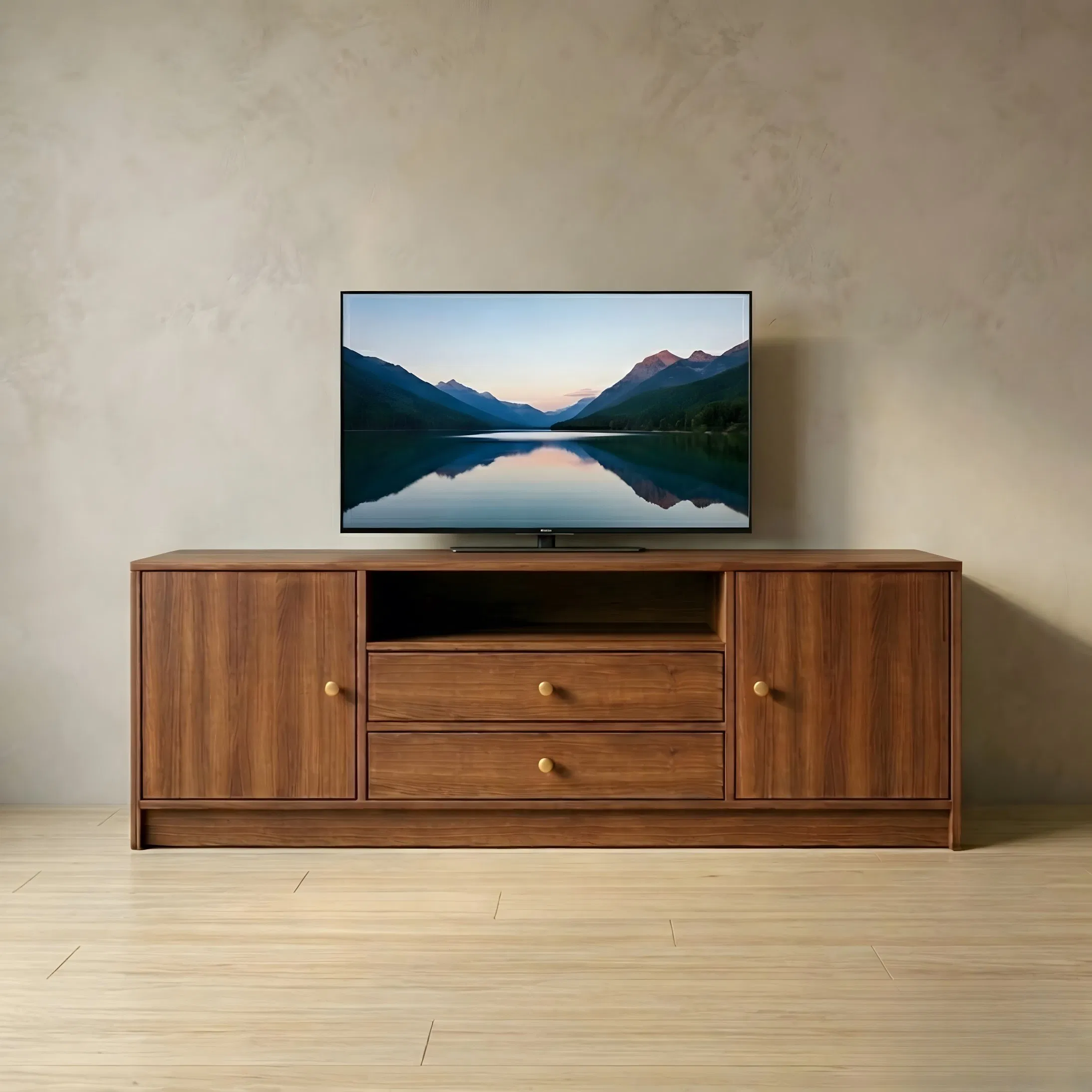Wooden Media Console for Living Room with Spacious Storage Compartments