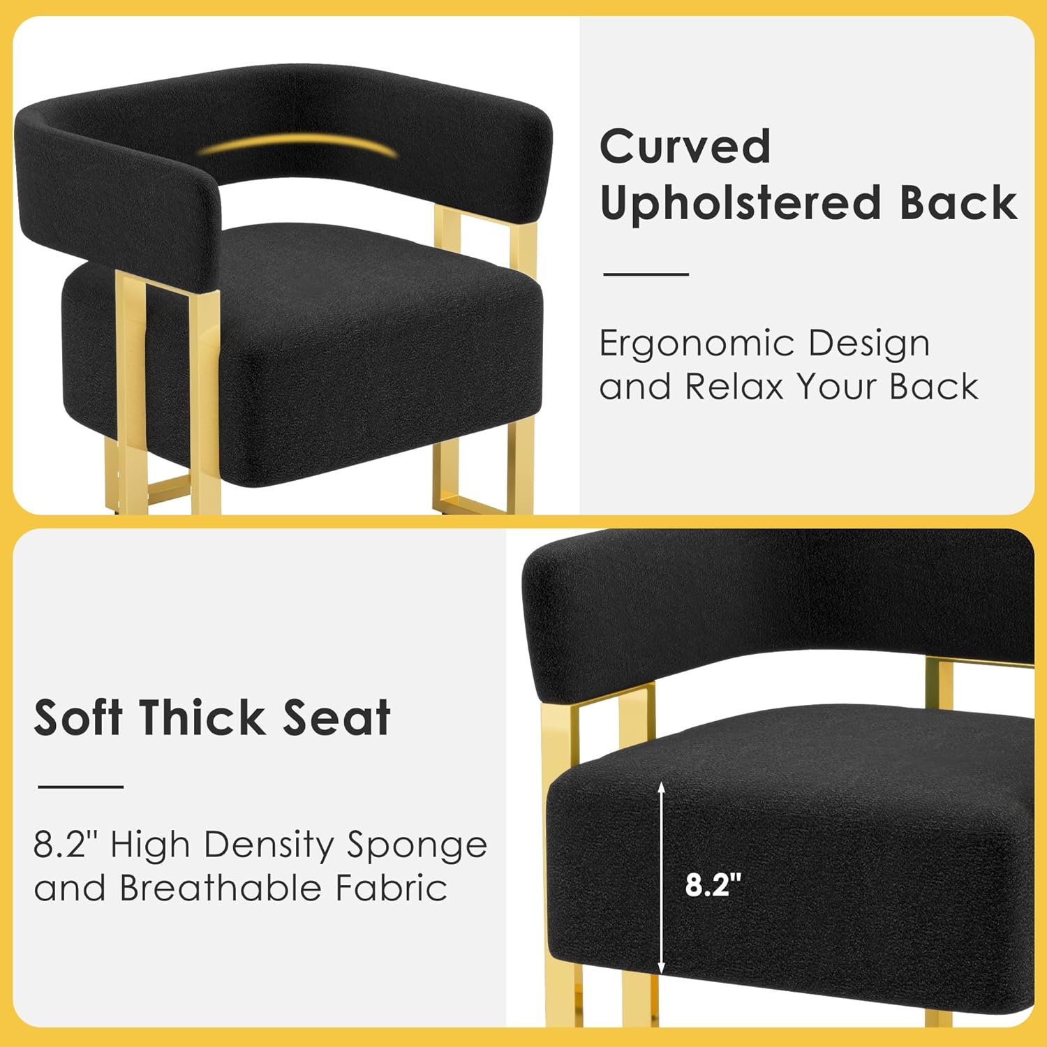 Modern Black Gold Velvet Fabric Boucle Curved Back Accent Chair Set 2 Armchairs Metal Legs for Living Room Bedroom Home Office