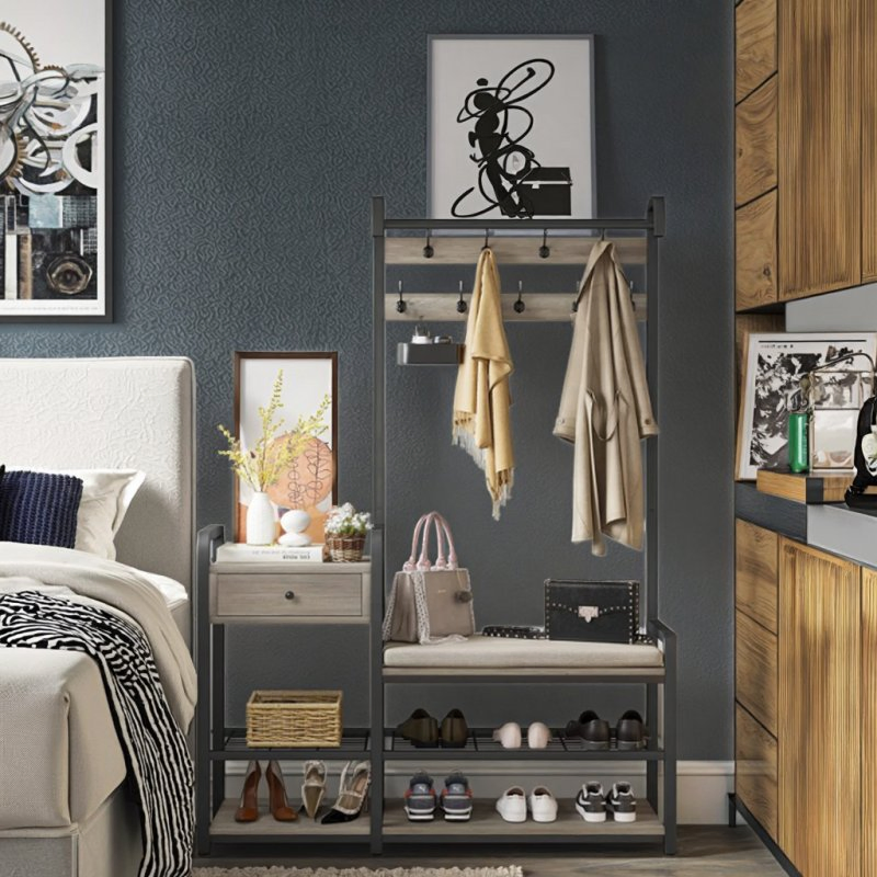 Modern 3-in-1 Entryway Hall Tree Coat Rack with Shoe Bench and 2 Fabric Drawers for Bedroom