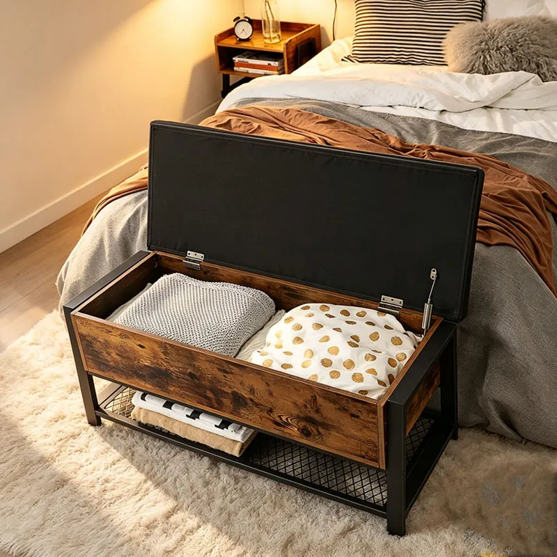 Rustic Brown Entryway Storage Bench with Cushioned Seat, Shoe Shelf & Large Hidden Compartment