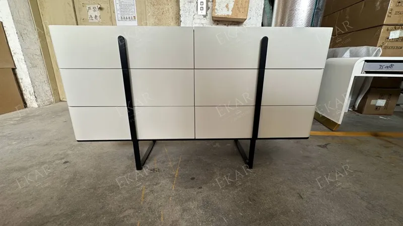 Modern Solid Wood Media Console with Metal Legs and Shelves Detail 8