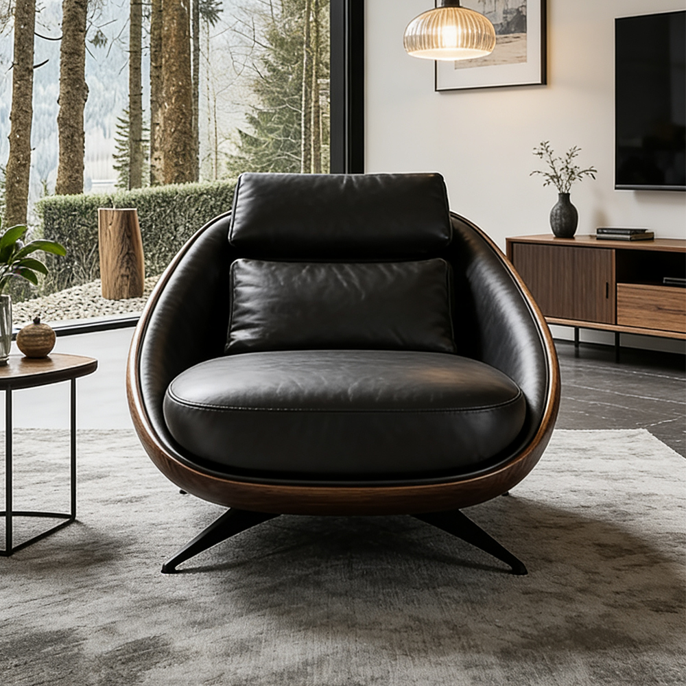 Modern Luxury Fiberglass Walnut Wood Color Lounge Chair Ergonomic Recliner Accent Sofa Armchair for Living Room Home Furniture