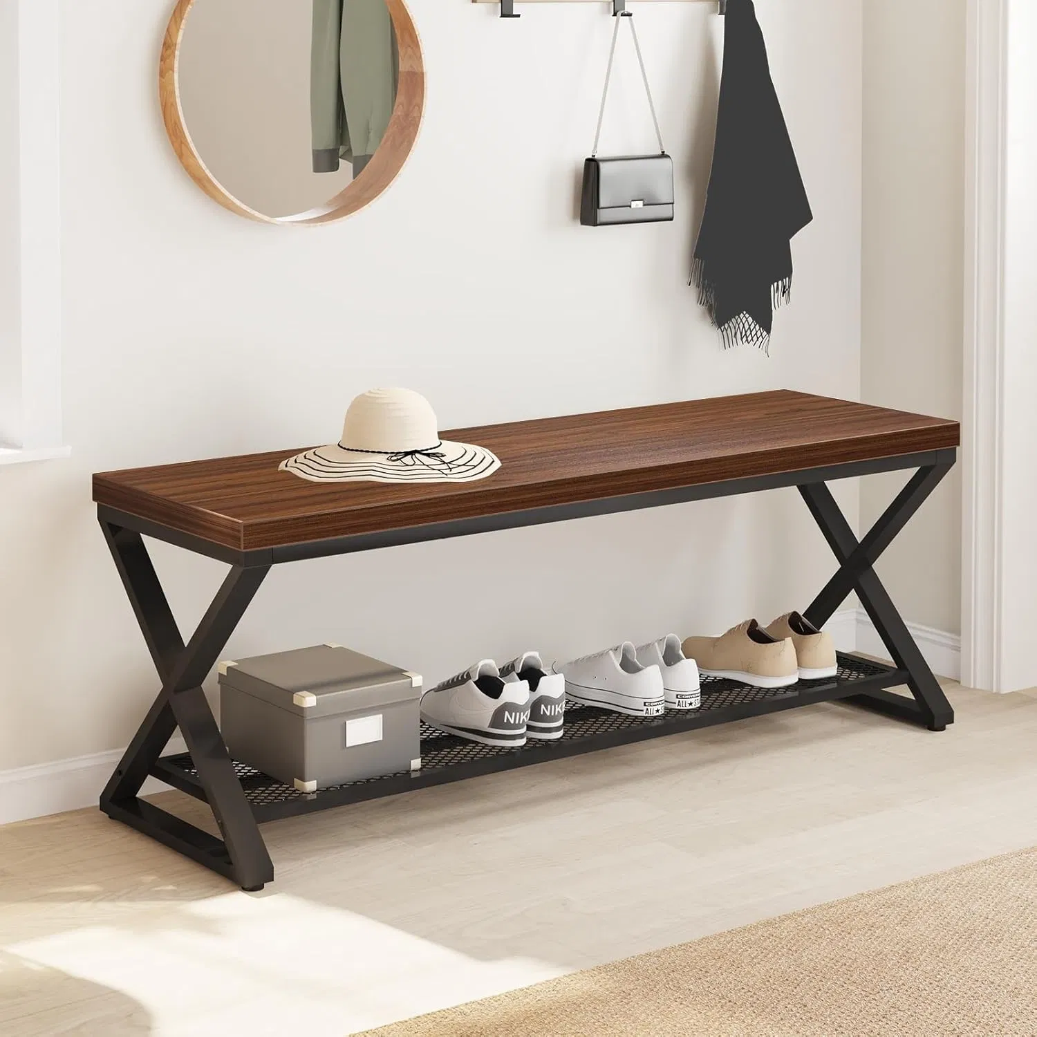 High-Capacity Multi-Functional Bench with Under Storage Shelf Sturdy Metal Frame for Home Entryway Living Room
