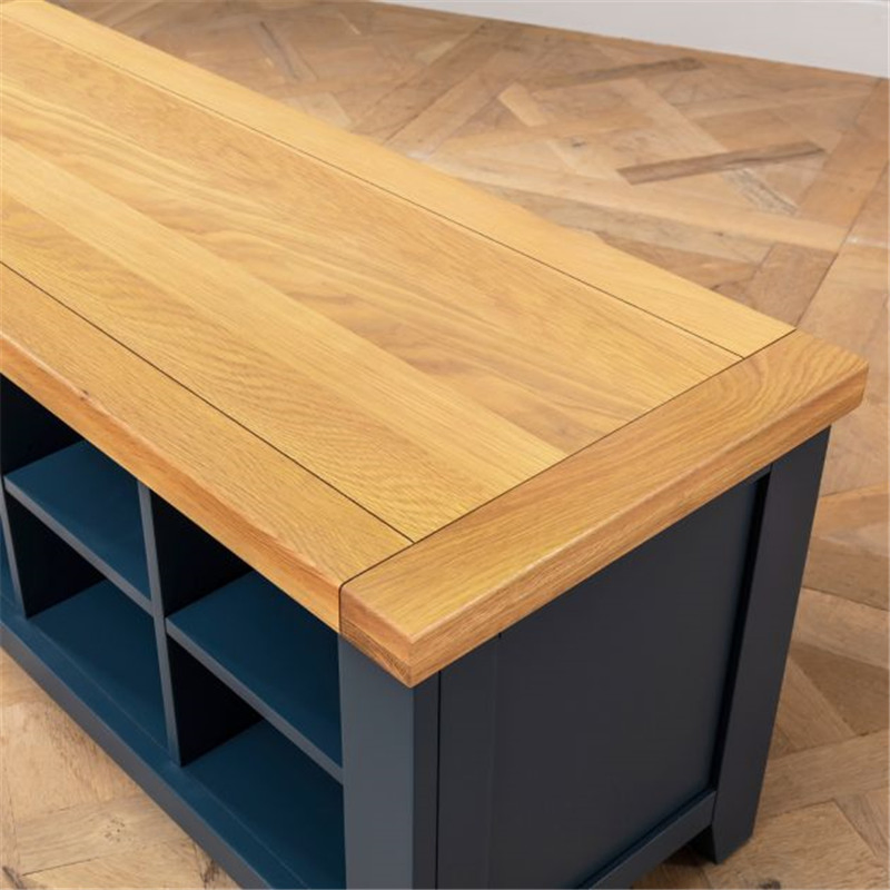 Solid Oak Wooden Blue Painted Hallway Shoe Storage Bench, 2 Tiers Living Room Display Rack Organizer Entryway Bathroom Shoe Bench