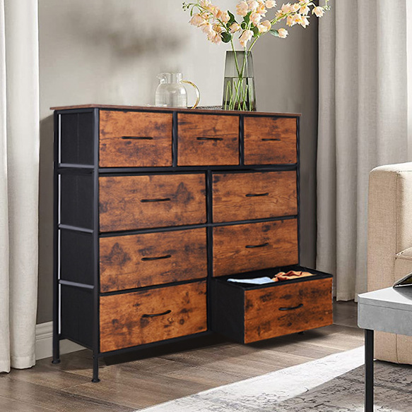 Rustic Home Storage Furniture Steel Wood Dresser Cabinet 9 Fabric Drawers Bedroom Living Room Toys Storage Cabinet