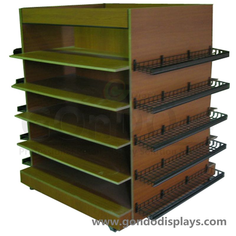 Retail Display Design 4-Sided Wooden Book Shelf with Metal Wire Shelves