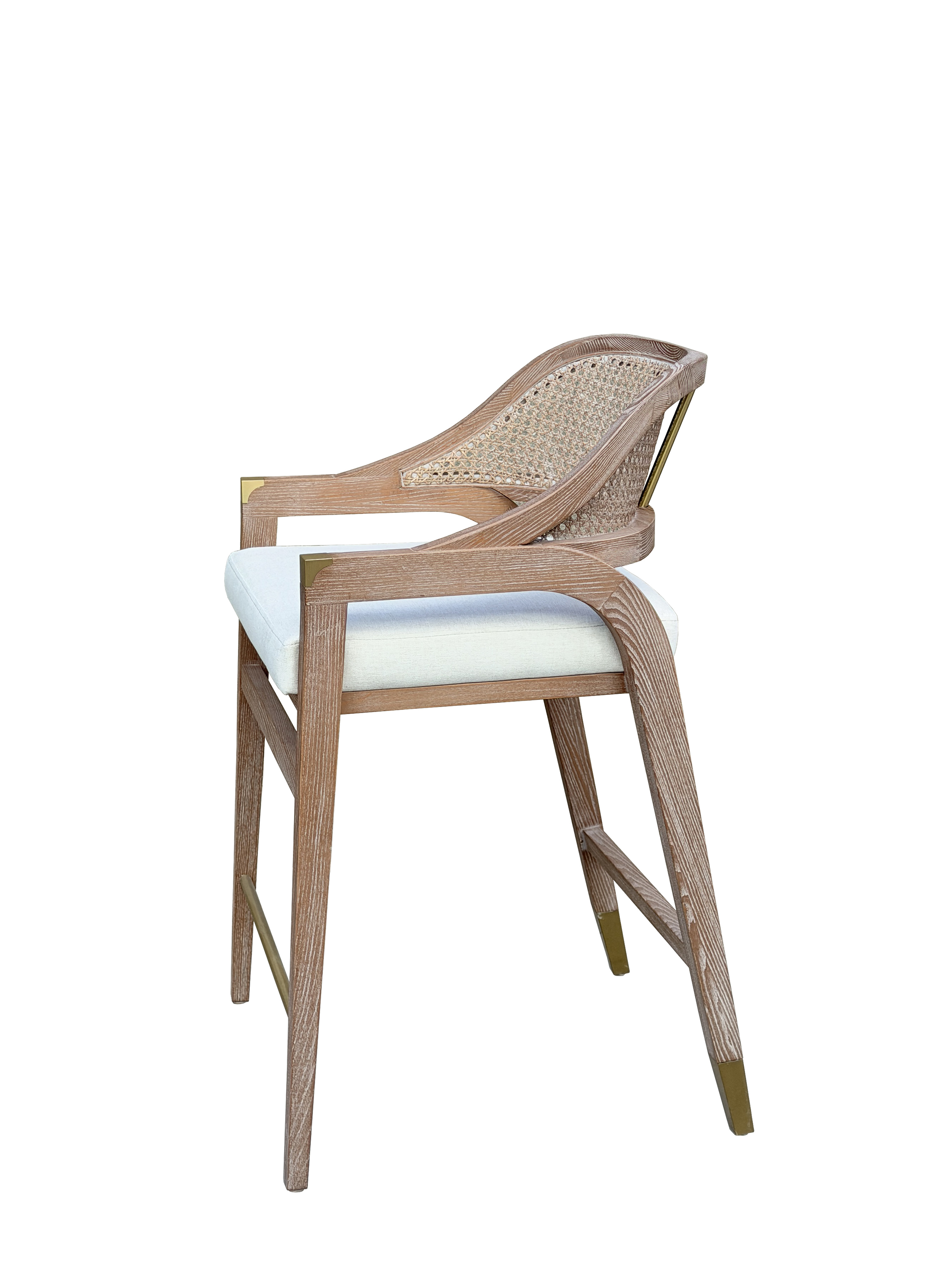 HLM105 Light Wood Rattan High-Back Solid Wood Bar Stool With Linen Cushion - High Leisure Chair For Restaurant &amp; Bar