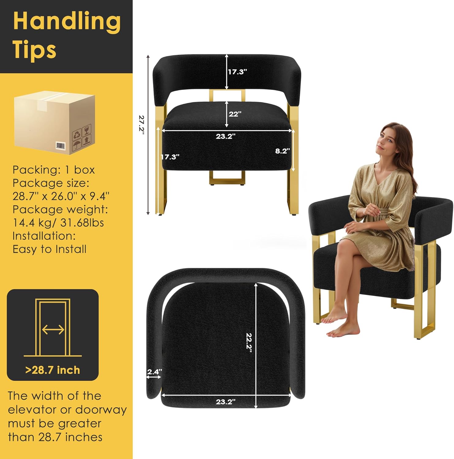 Modern Black Gold Velvet Fabric Boucle Curved Back Accent Chair Set 2 Armchairs Metal Legs for Living Room Bedroom Home Office