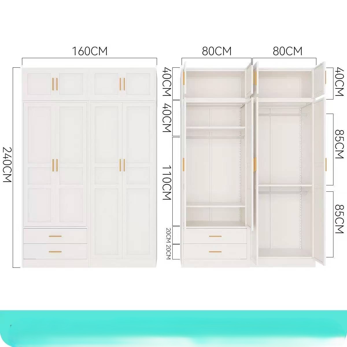 Modern Steel Large Capacity 4-Door Armoire 160cm Wide High Gloss White Wardrobe with Hanging Rods &amp; Drawers for Bedroom Storage