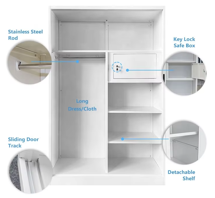 Lemari Pakaian Besi 2 Pintu Manufacturer Supply Bedroom Wardrobe with Sliding Door