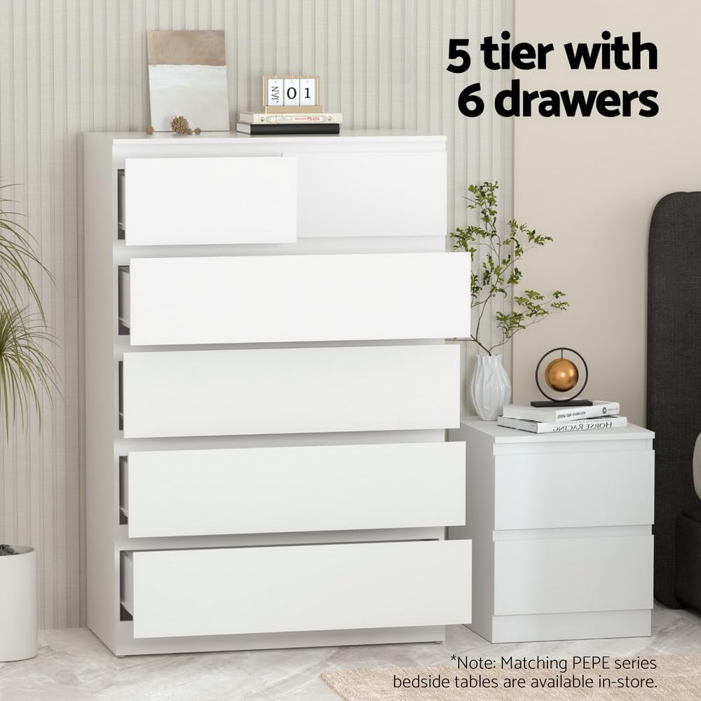 Modern White 6-Drawer Double Wooden Storage Dresser with Smooth Steel Rails for Living Room Bedroom