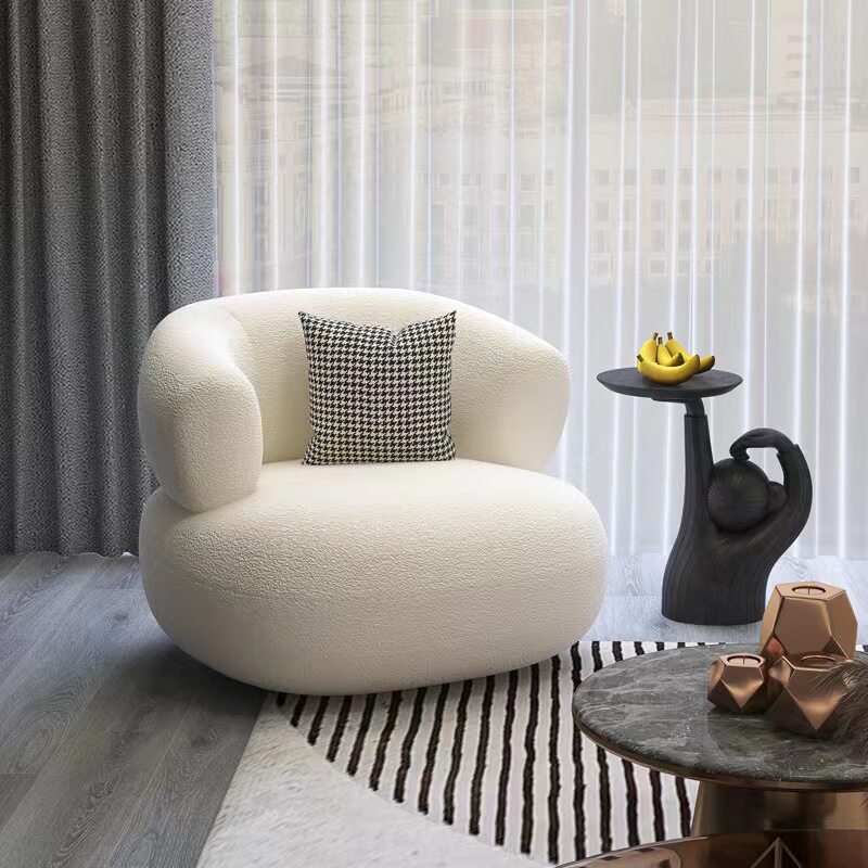 Cozy Minimalist U Shaped Armchair Sherpa Lambswool Upholstery White Casual Bedroom Reading Chair