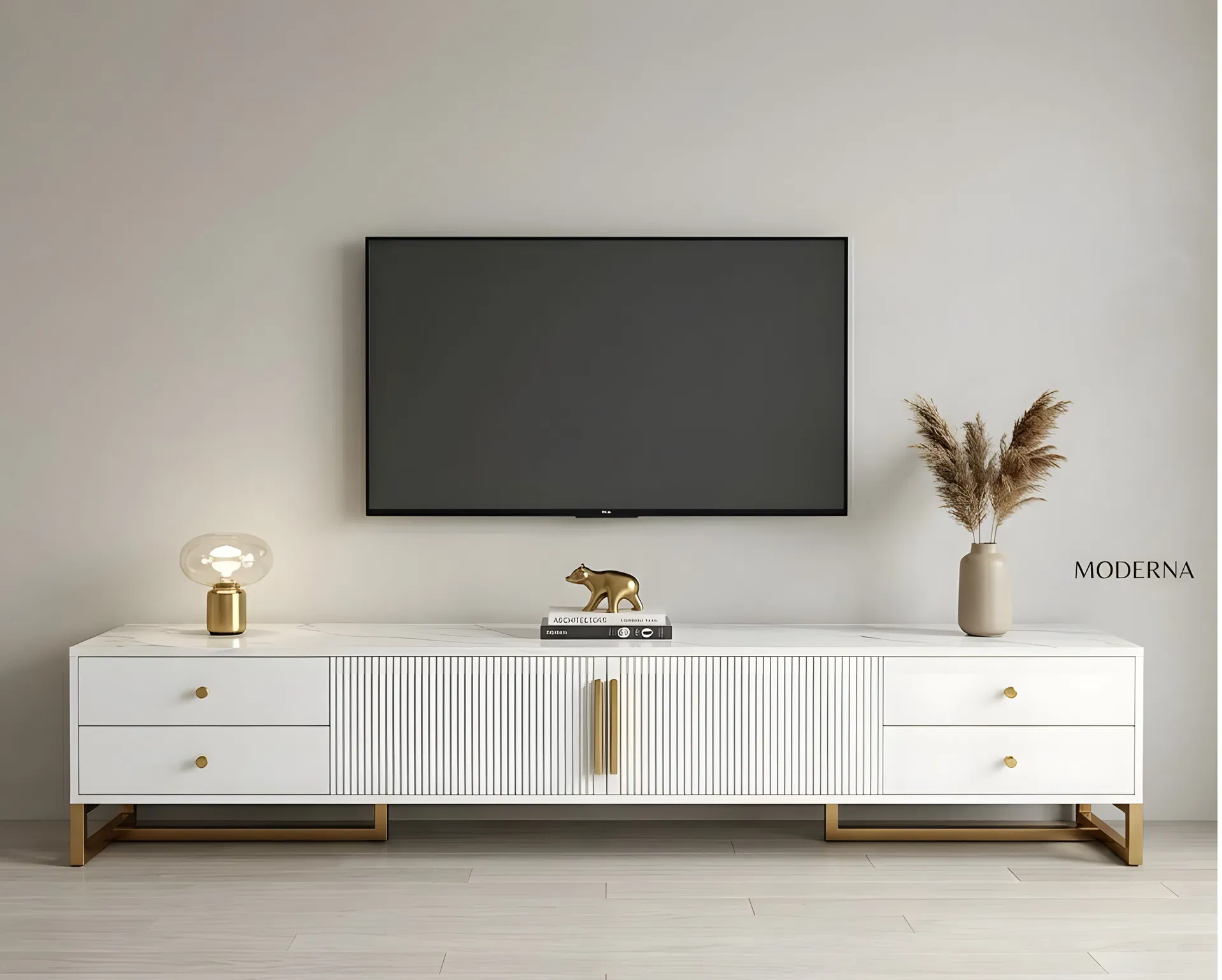 Luxury Media TV Console for Living Room with Gold Handle Storage Cabinet