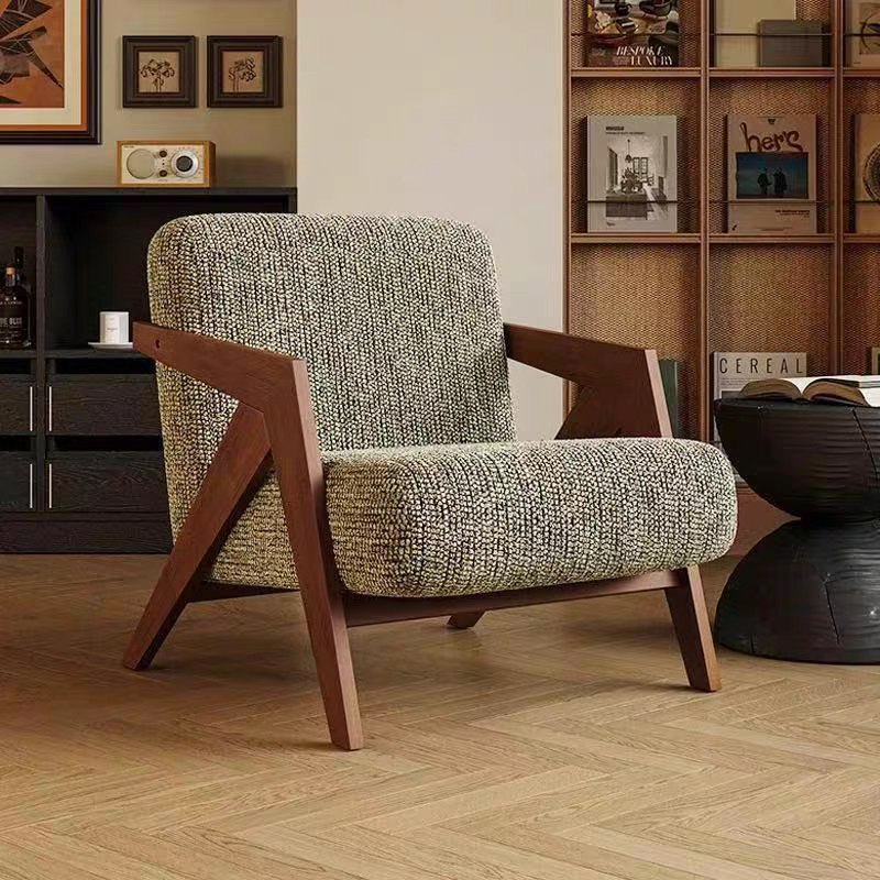 Richard Single Sofa Chair French Mid-Century Style Living Room Balcony Lazy Leisure Designer Retro Solid Wood Chair