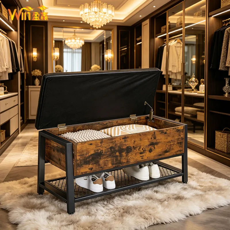 Rustic Brown Entryway Storage Bench with Cushioned Seat, Shoe Shelf & Large Hidden Compartment