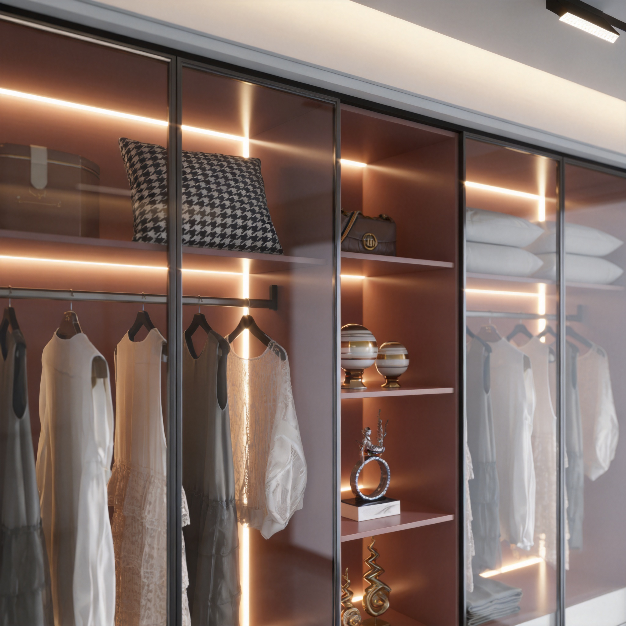 Modern Two-tone Wardrobe with Glass Doors &amp; LED Light, Built-in Closet with Open Shelves for Bedroom
