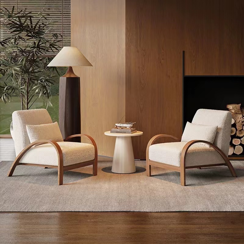 Nordic Modern Design Single Sofa Chair Tufted Fabric With Solid Wood Arm For Home Living Room Hotel Royal Lazy Single Chair