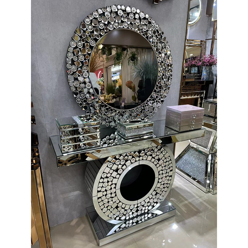 (MN-MS26) Modern Hotel Hallway/Living Room Furniture Silver Steel Glass Console Table with Mirror