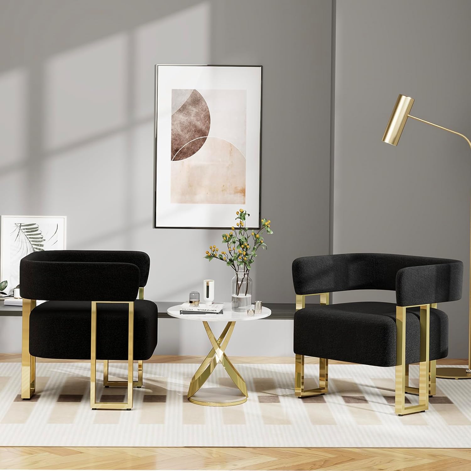 Modern Black Gold Velvet Fabric Boucle Curved Back Accent Chair Set 2 Armchairs Metal Legs for Living Room Bedroom Home Office