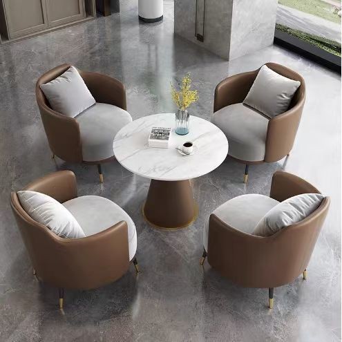 Modern Upholstered Accent Chair Set With Round Marble Side Table, 3-Piece Lounge Chair With Pillow For Living Room &amp; Hotel