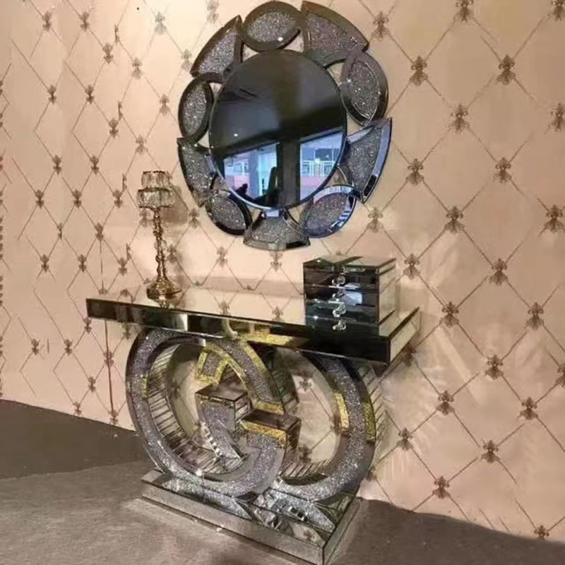 (MN-MS26) Modern Hotel Hallway/Living Room Furniture Silver Steel Glass Console Table with Mirror