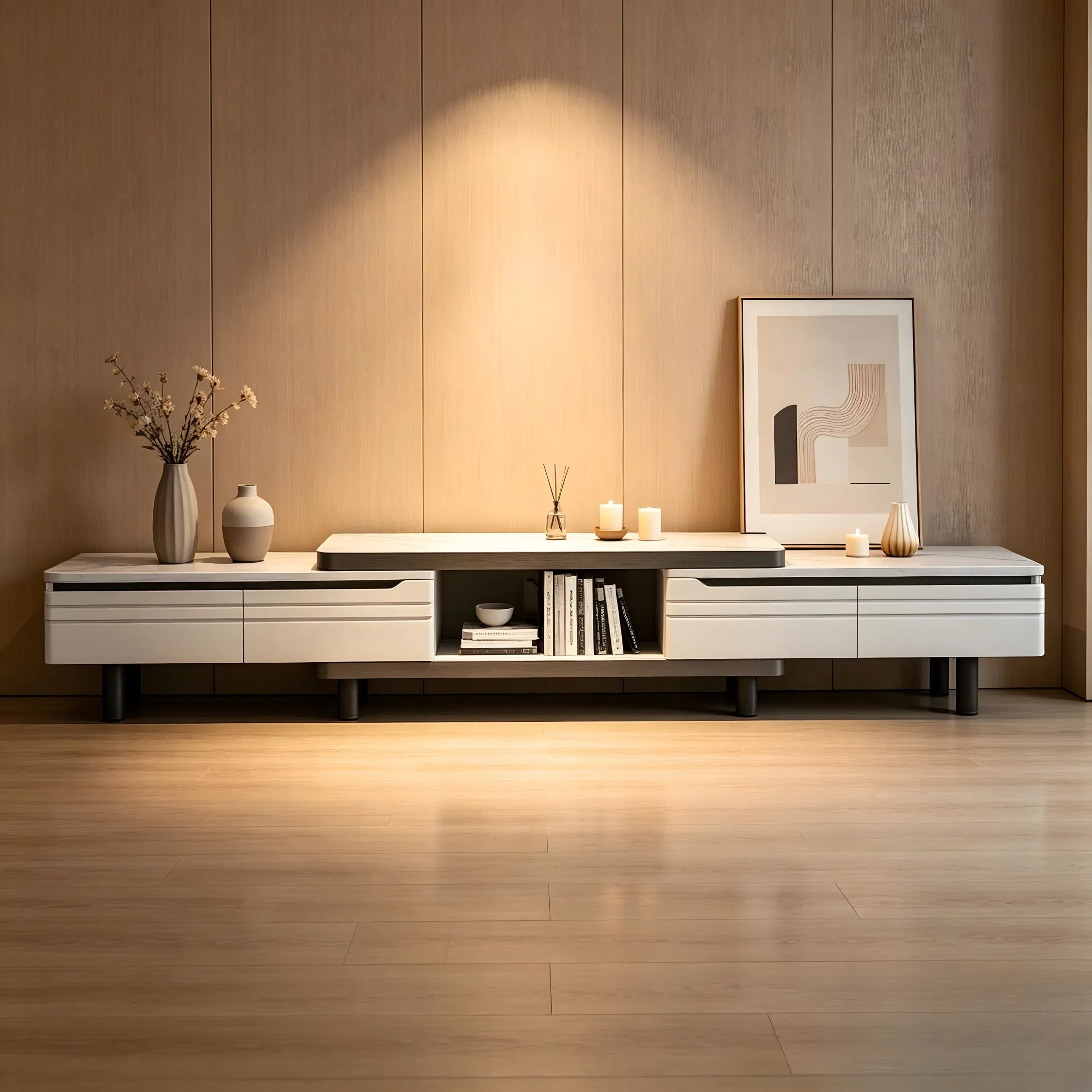 White Media TV Console for Living Room with Open Shelf Display Storage