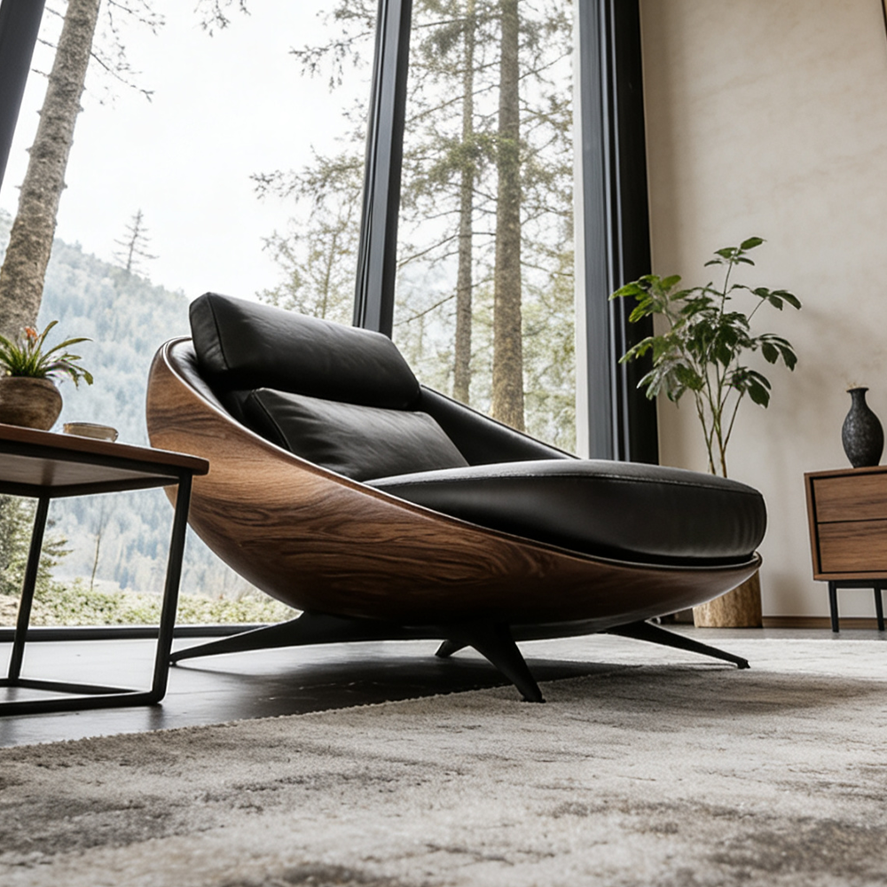 Modern Luxury Fiberglass Walnut Wood Color Lounge Chair Ergonomic Recliner Accent Sofa Armchair for Living Room Home Furniture